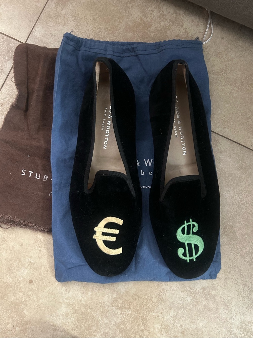 Stubbs & Wootton Black Velvet Loafers with Gold Euro and Green Dollar Motifs